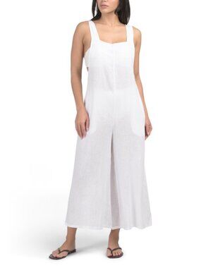 HAUTE HIPPIE STYLE Linen Blend Thick Strap Swim Cover-up Jumpsuit With Tie Back
